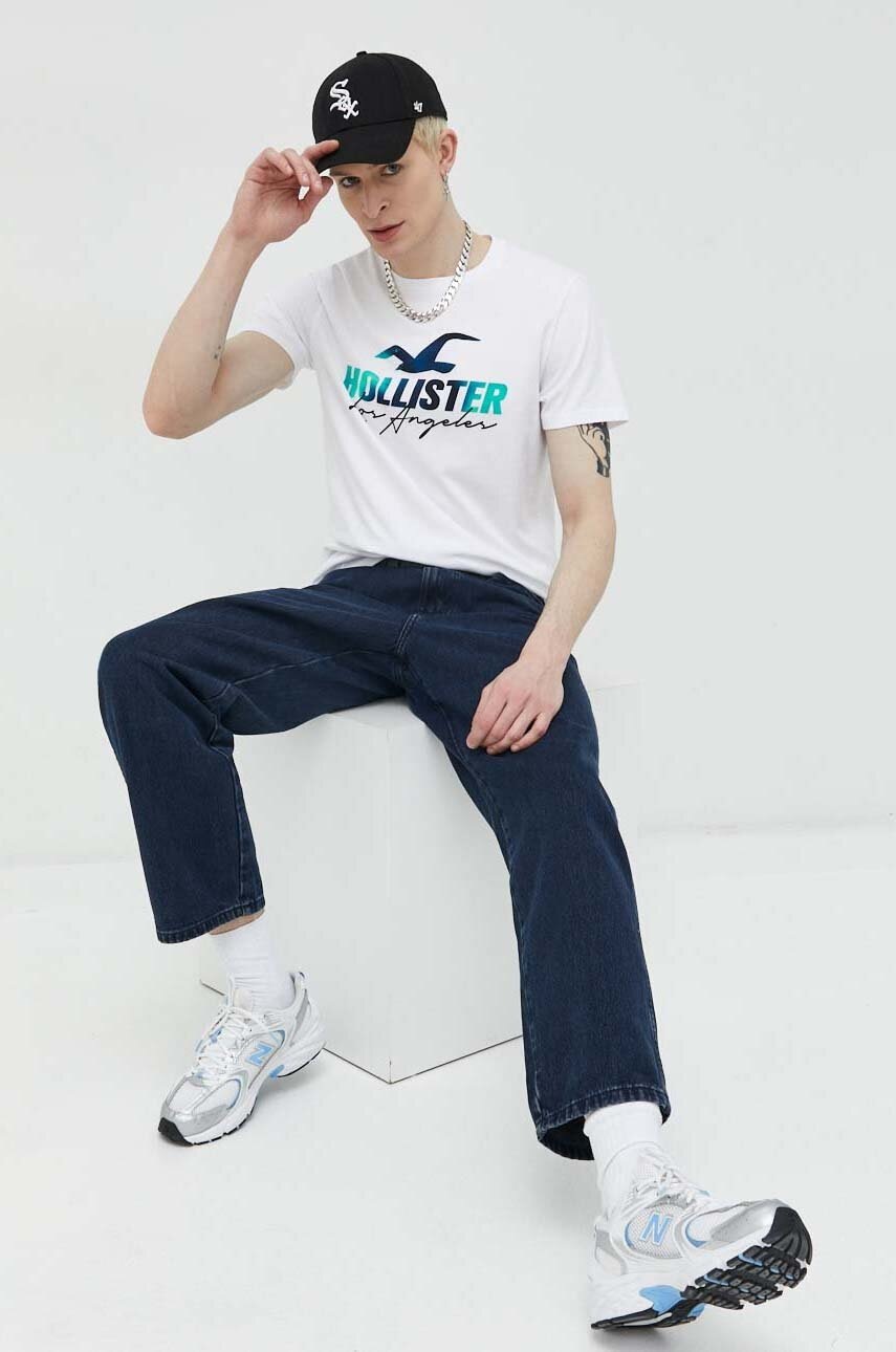 

Памучна тениска Hollister Co. в бяло с принт, Бял