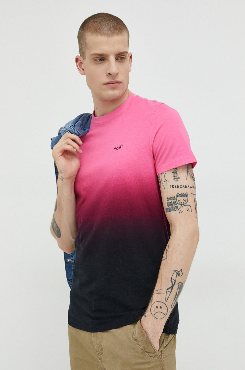

Памучна тениска Hollister Co. в розово с десен, Розов