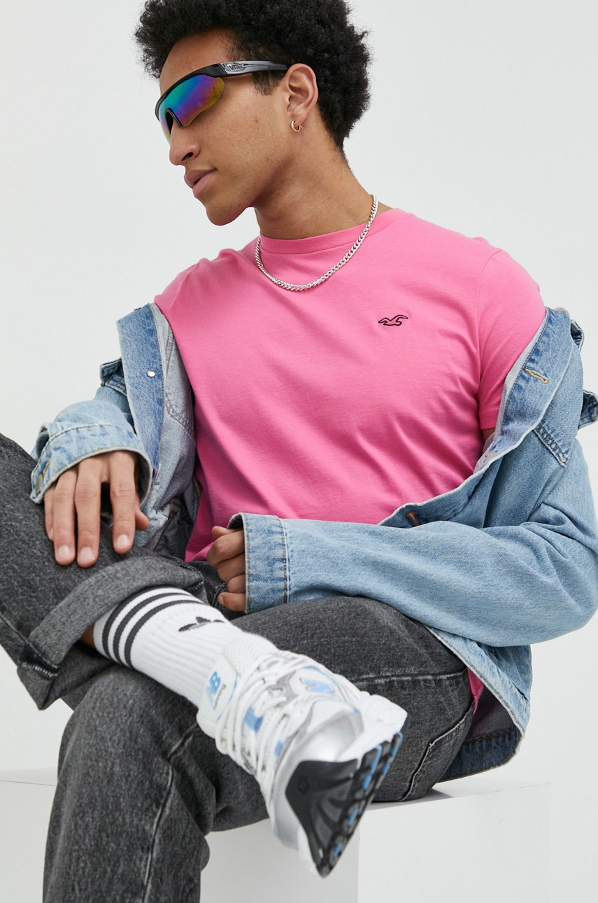 

Памучна тениска Hollister Co. в розово с изчистен дизайн, Розов