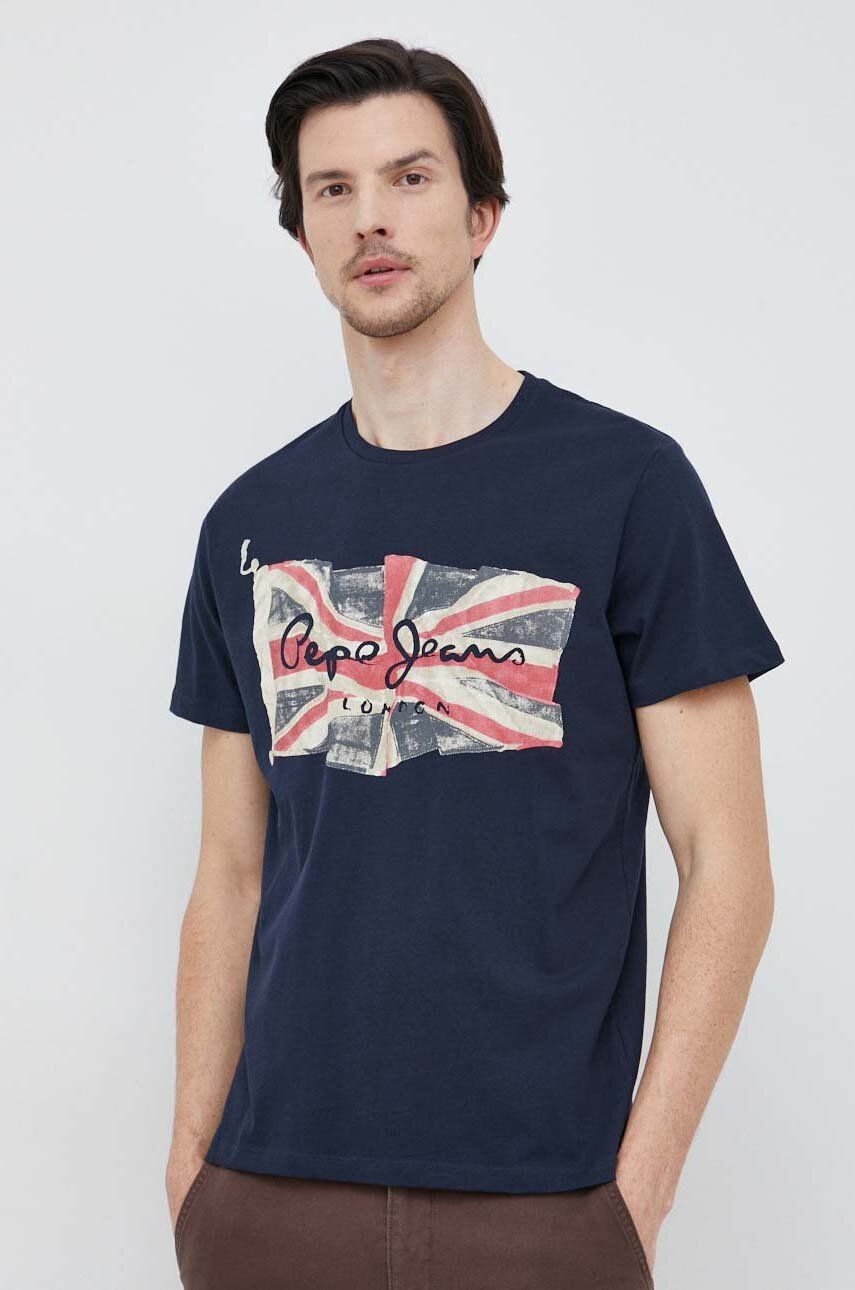 Pepe Jeans tricou din bumbac Flag Logo culoarea albastru marin, cu imprimeu