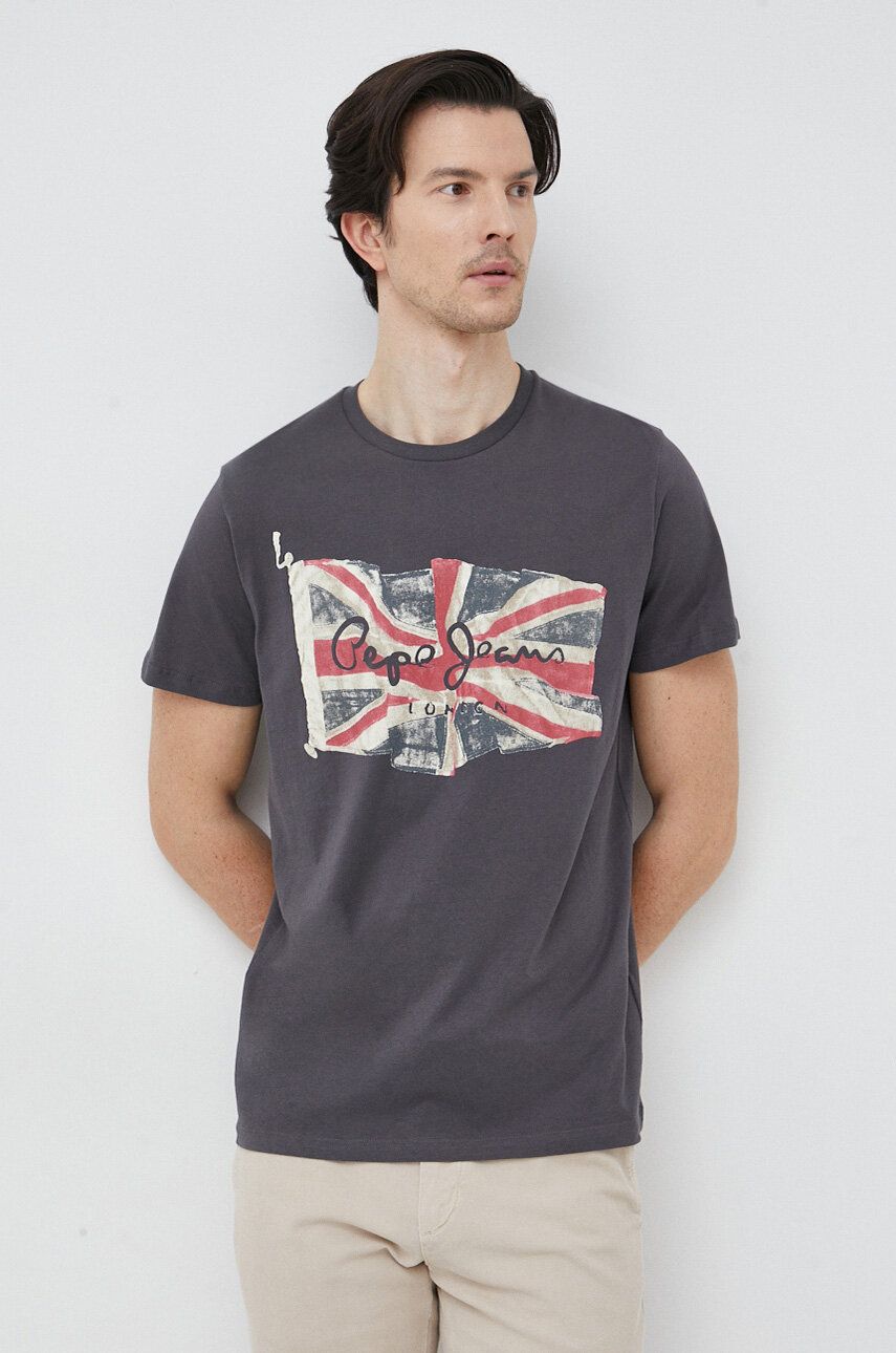 Pepe Jeans tricou din bumbac Flag culoarea gri, cu imprimeu