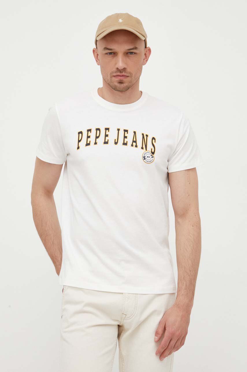 Pepe Jeans tricou din bumbac Ronell culoarea alb, cu imprimeu