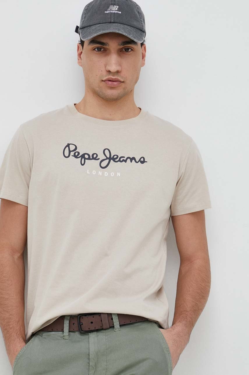 

Памучна тениска Pepe Jeans Eggo в бежово с принт, Бежов