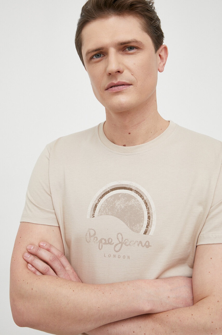 

Памучна тениска Pepe Jeans Richmond в бежово с принт, Бежов
