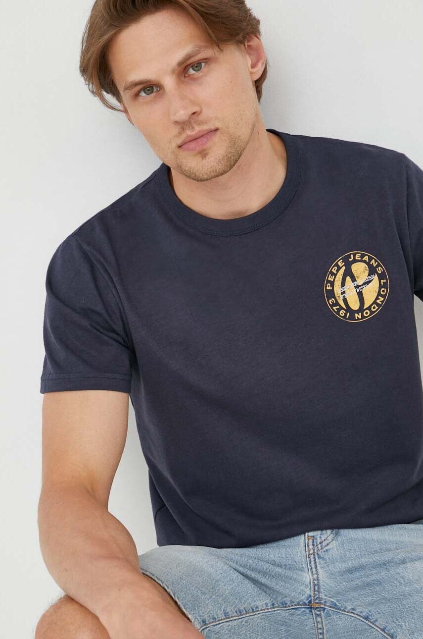 

Памучна тениска Pepe Jeans в тъмносиньо с принт, Тъмносин