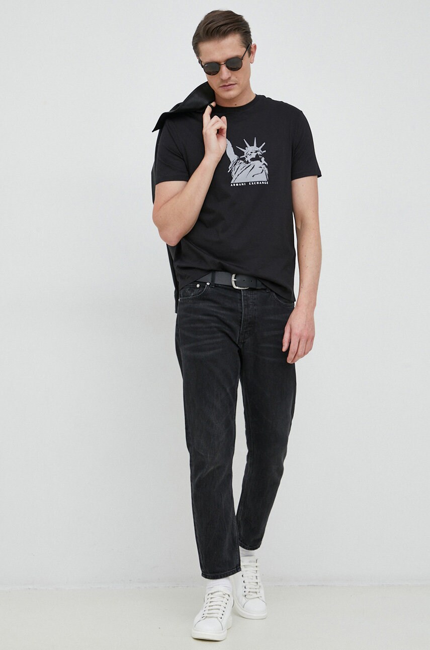 

Памучна тениска Armani Exchange в черно с десен, Черен
