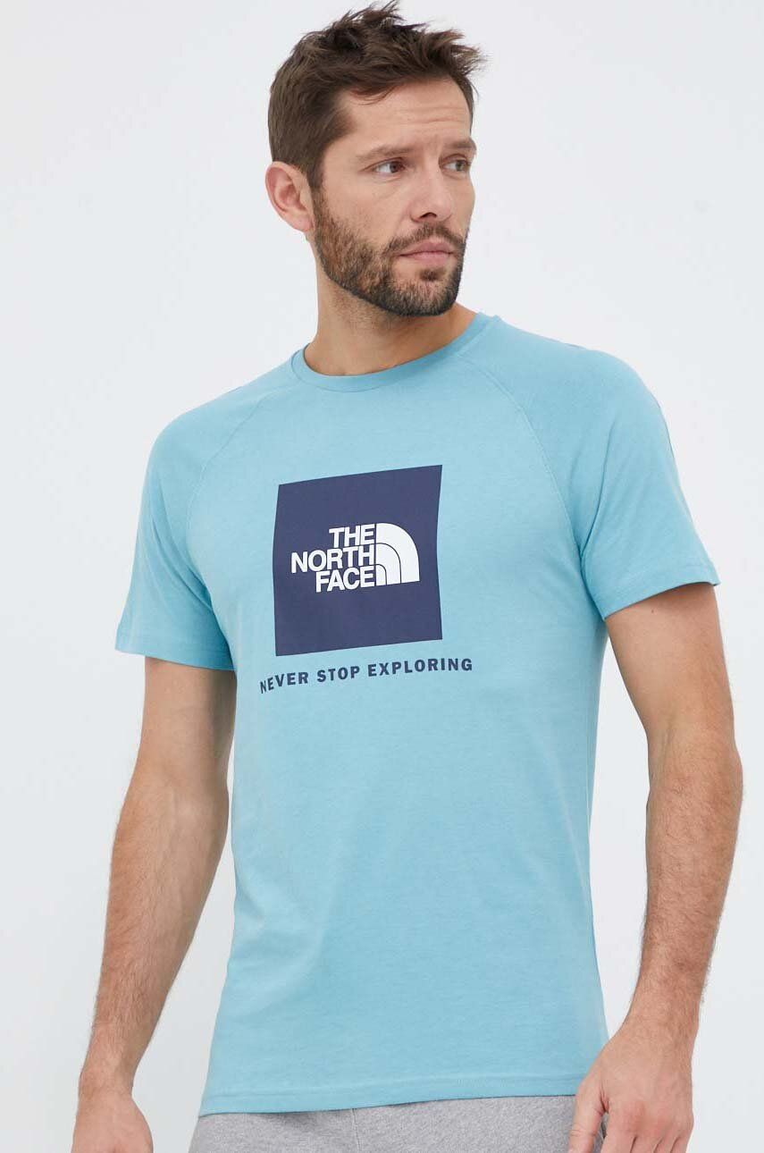 The North Face tricou din bumbac culoarea turcoaz, cu imprimeu