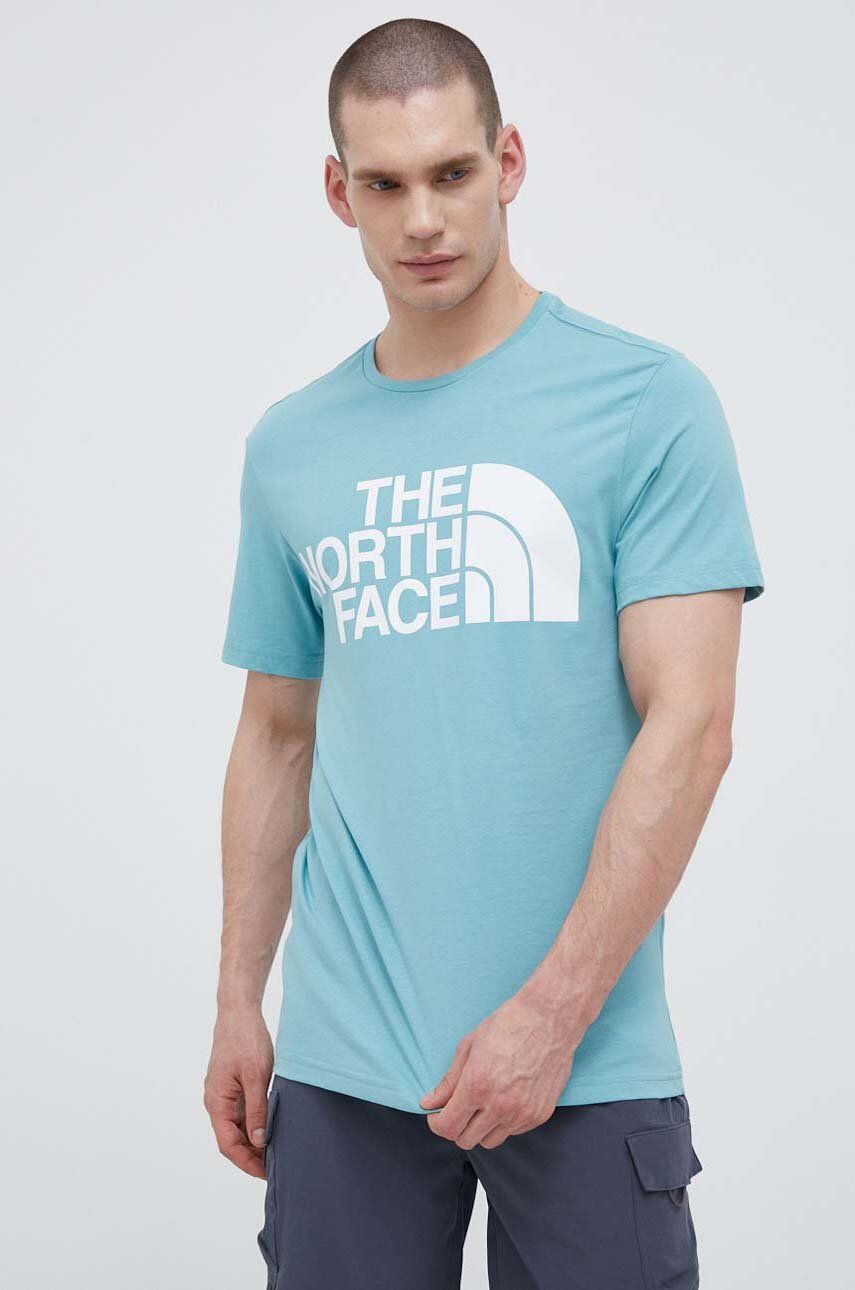 Bavlněné tričko The North Face s potiskem - modrá -  100 % Bavlna