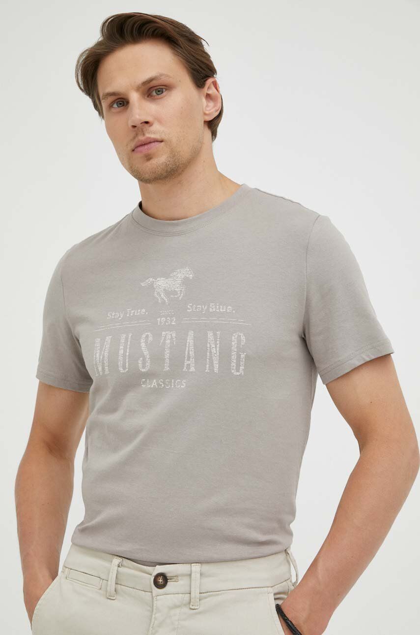 Mustang tricou din bumbac culoarea gri, cu imprimeu