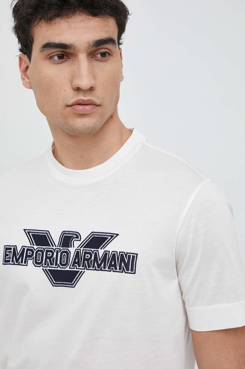 

Хлопковая футболка Emporio Armani цвет бежевый с аппликацией