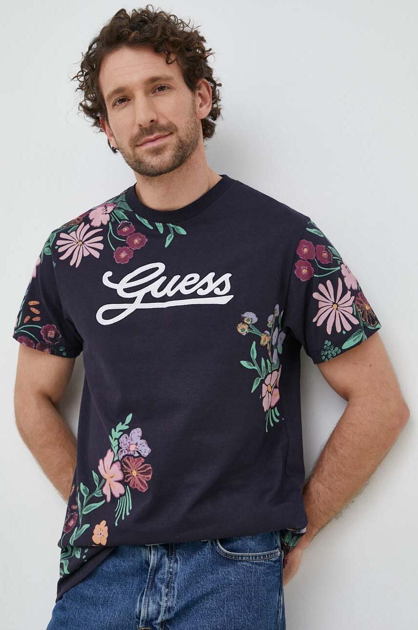 

Памучна тениска Guess в тъмносиньо с десен, Тъмносин