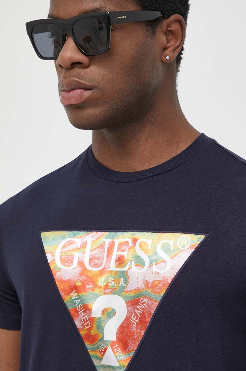 

Бавовняна футболка Guess колір синій з аплікацією