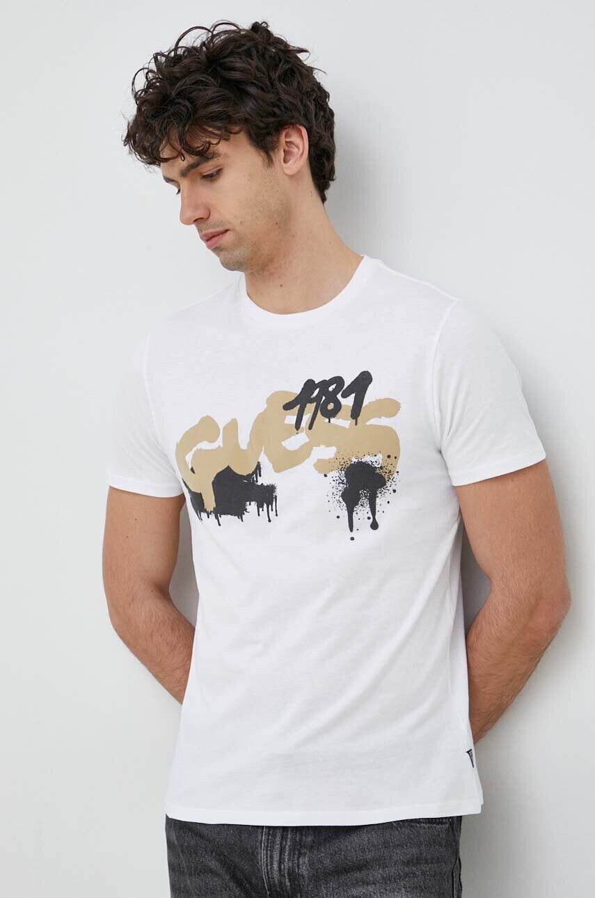 

Памучна тениска Guess в бяло с принт, Бял