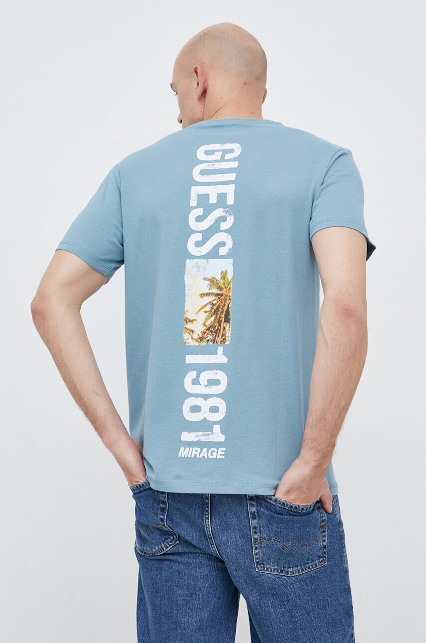 

Памучна тениска Guess в синьо с принт, Син
