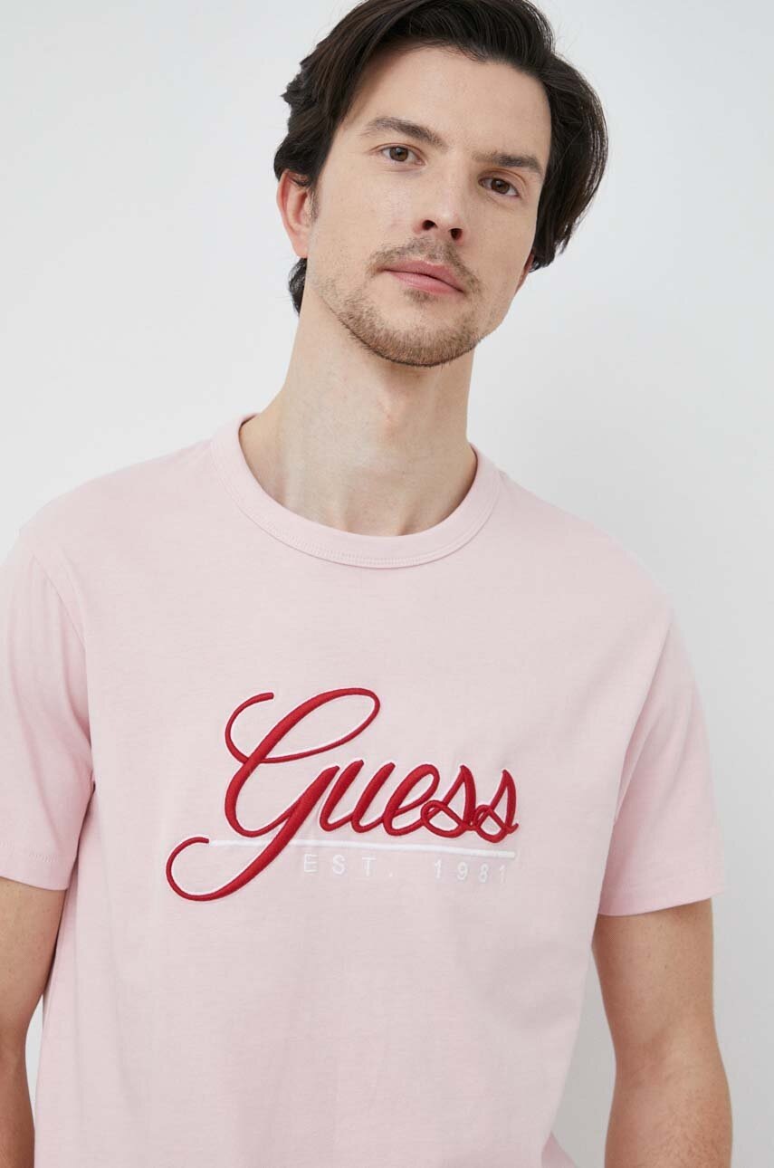

Бавовняна футболка Guess колір рожевий з аплікацією