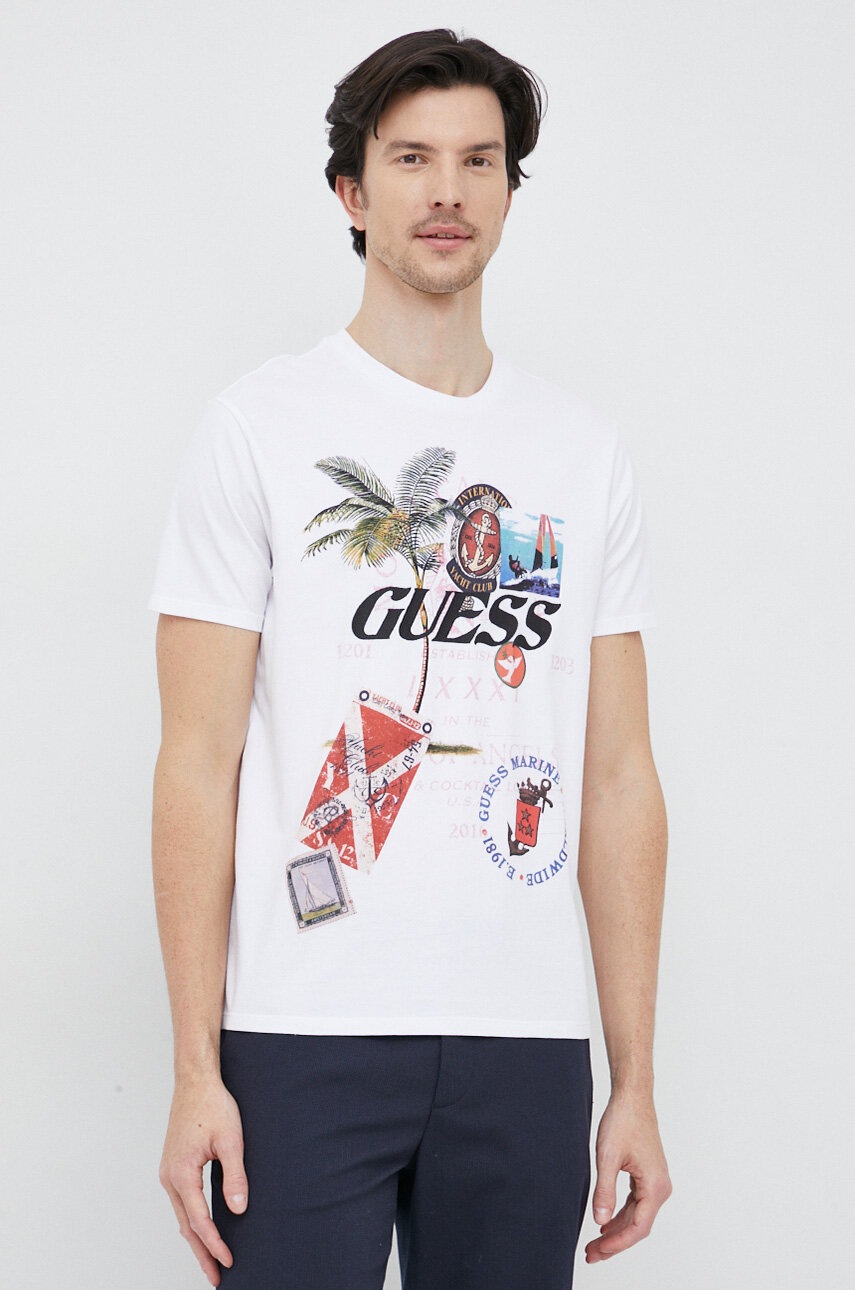 

Памучна тениска Guess в бяло с принт, Бял
