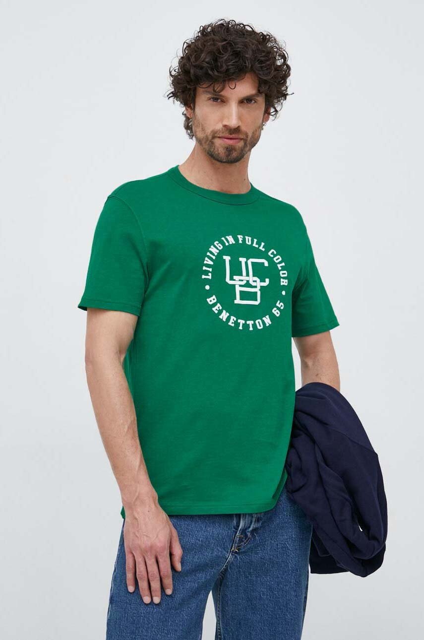 

Памучна тениска United Colors of Benetton в зелено с принт, Зелен