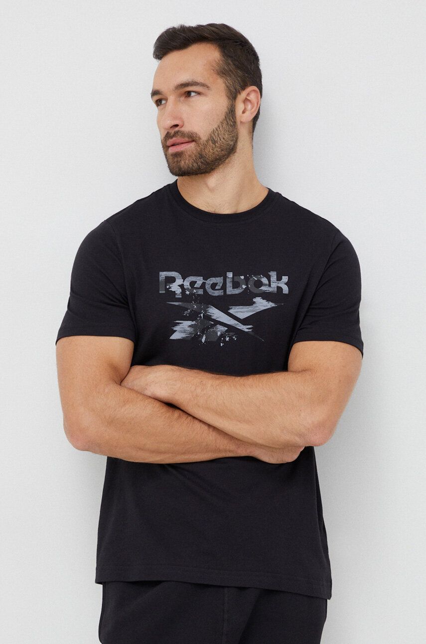 Reebok tricou barbati, culoarea negru, cu imprimeu
