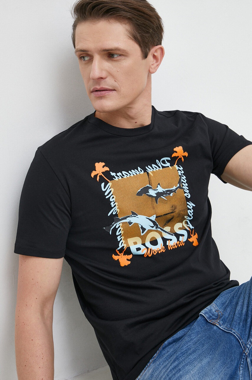 

Бавовняна футболка BOSS BOSS ORANGE колір чорний з принтом