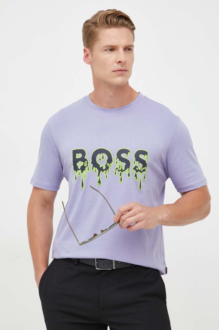 

Хлопковая футболка BOSS BOSS ORANGE цвет фиолетовый с принтом