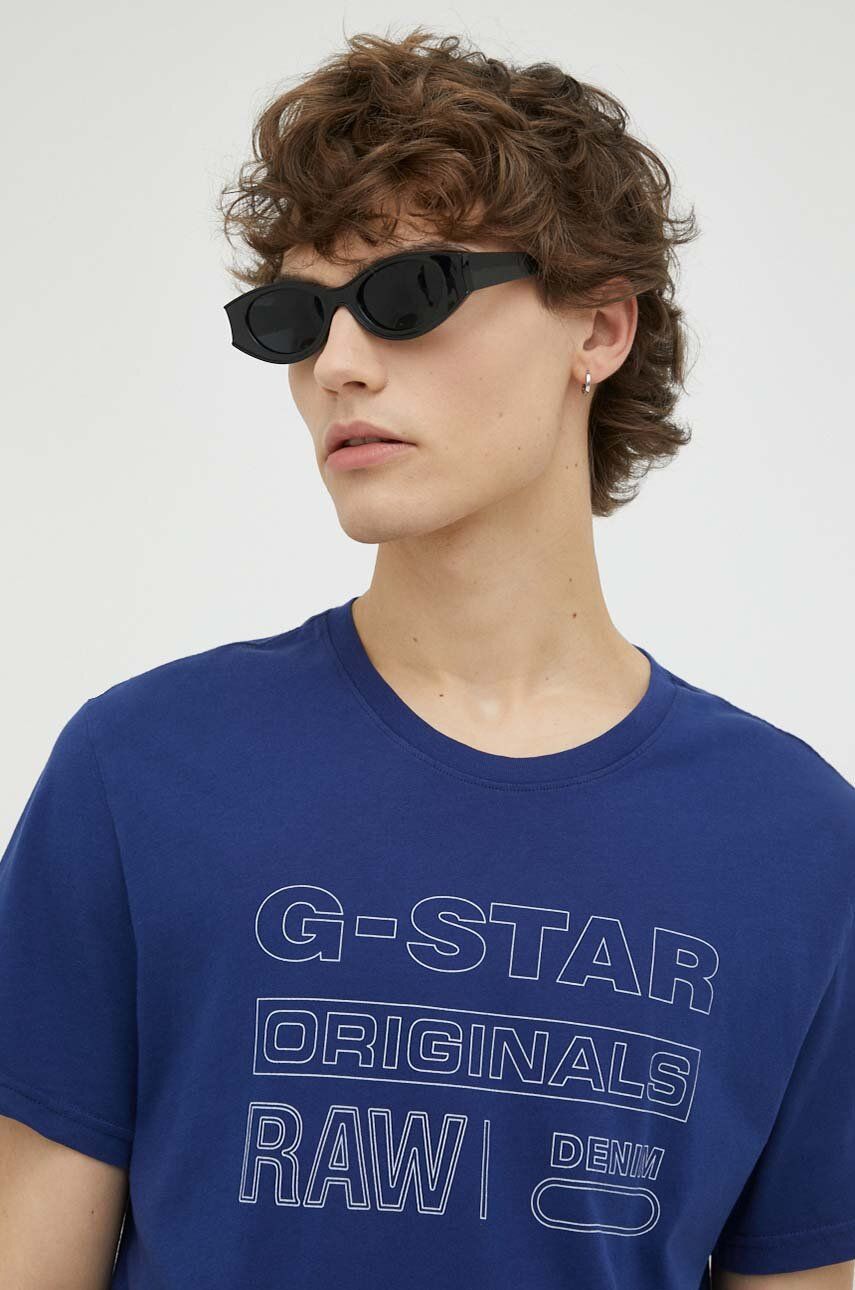 Bavlněné tričko G-Star Raw tmavomodrá barva, s potiskem - námořnická modř -  100 % Organická ba