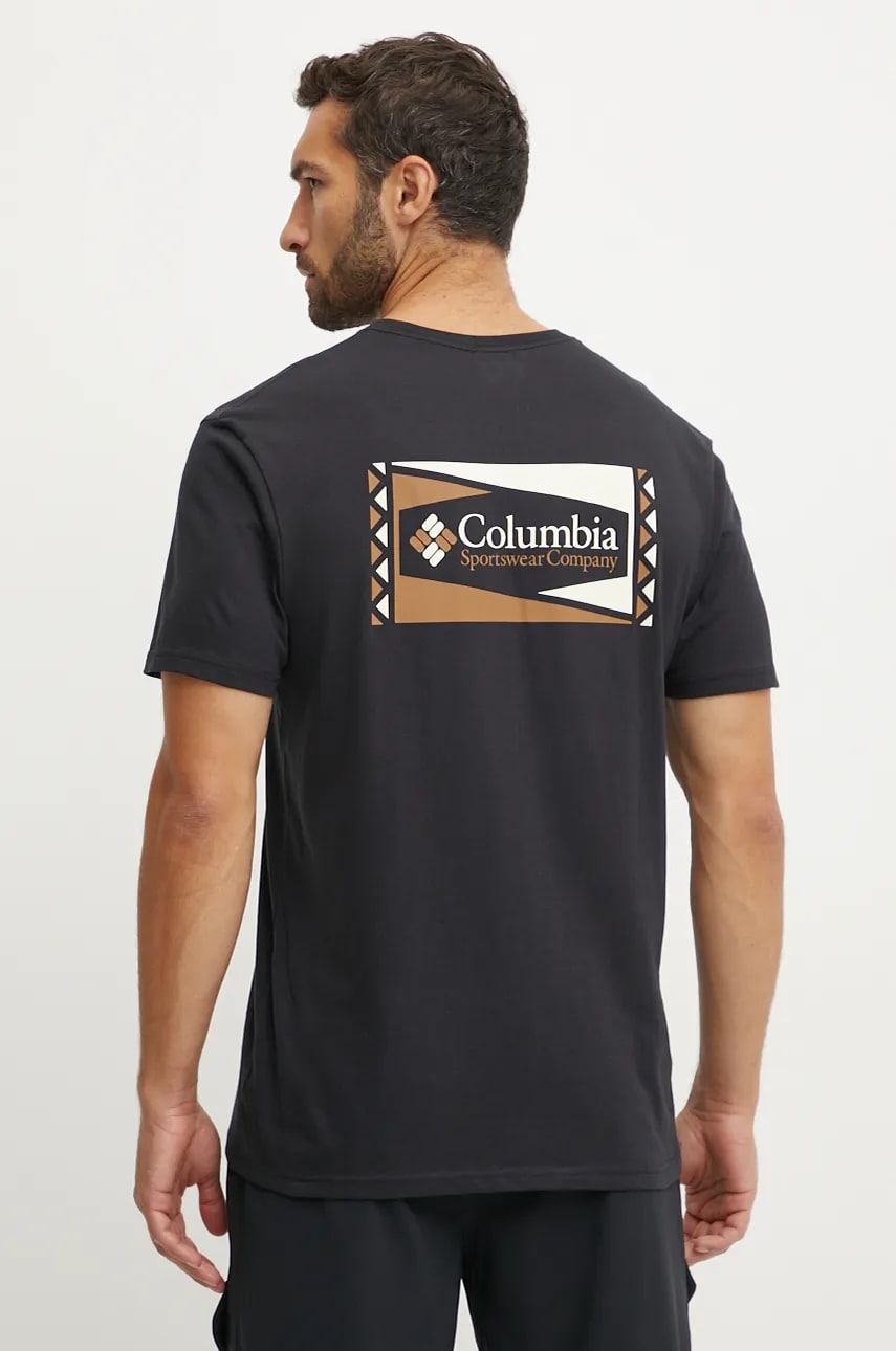 Levně Bavlněné tričko Columbia černá barva, s potiskem