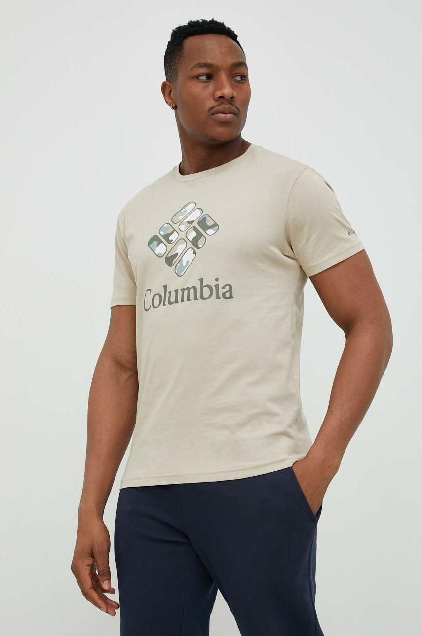 Bavlněné tričko Columbia béžová barva, s potiskem - béžová -  100 % Organická bavlna