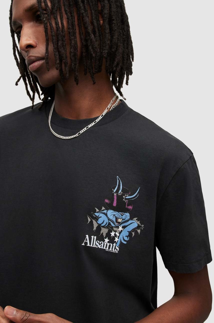 

Бавовняна футболка AllSaints колір чорний з принтом
