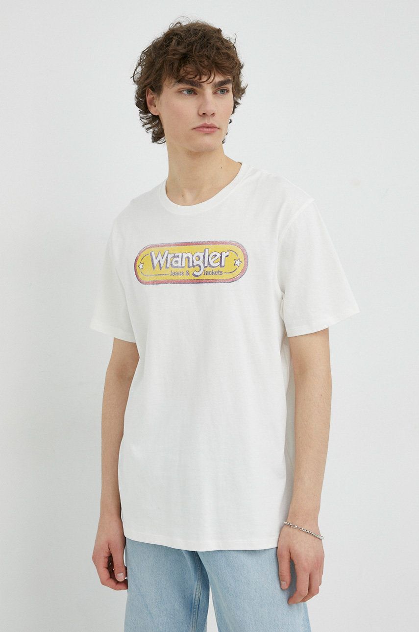 Bavlněné tričko Wrangler bílá barva, s potiskem - bílá -  100 % Bavlna