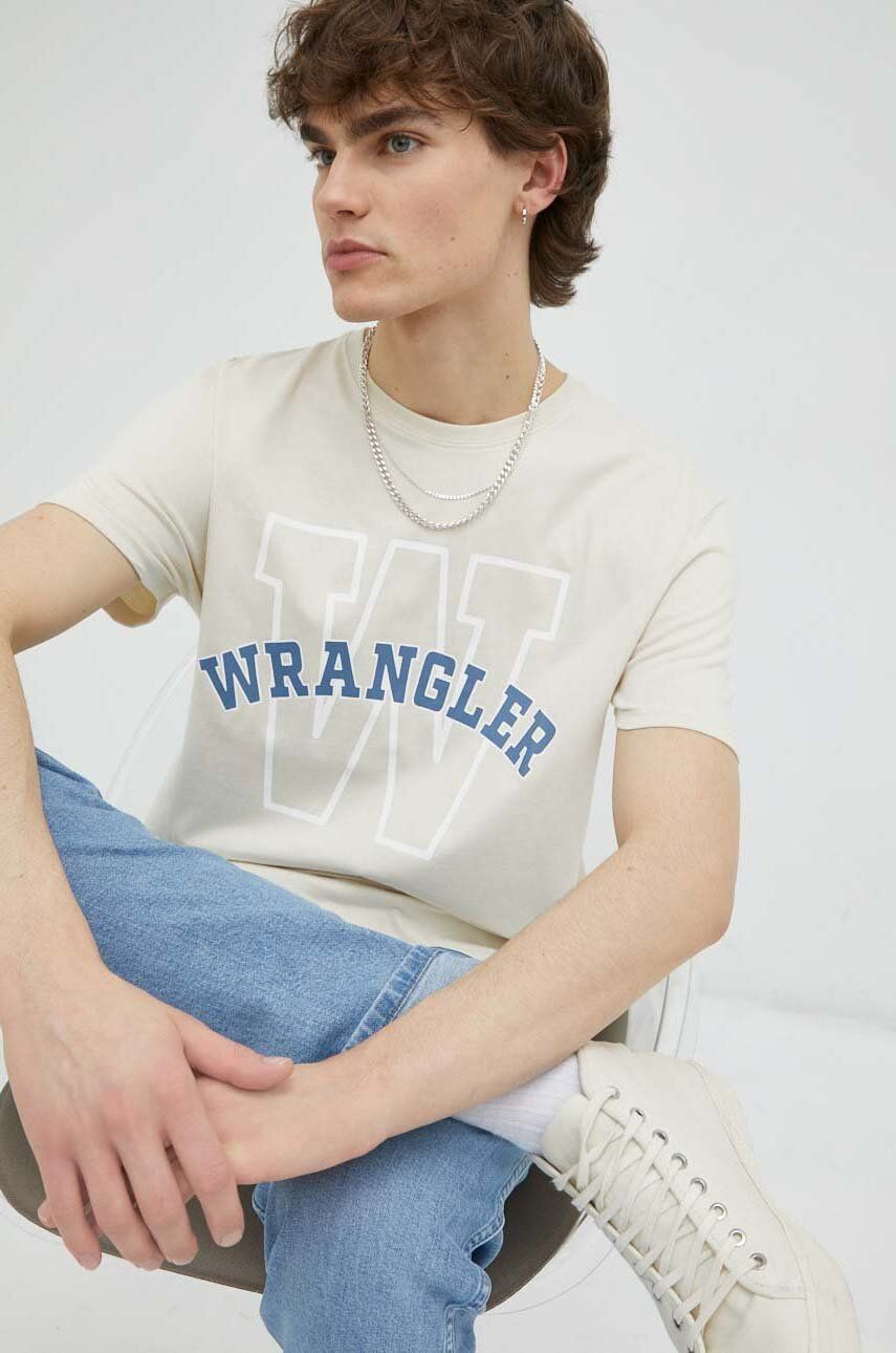 Wrangler tricou din bumbac culoarea bej, cu imprimeu