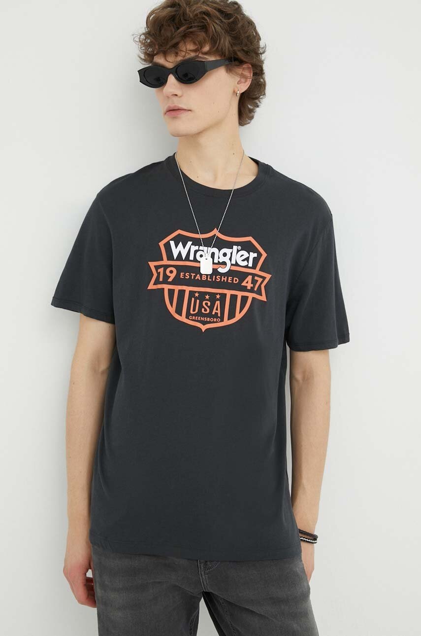 

Памучна тениска Wrangler в черно с принт, Черен
