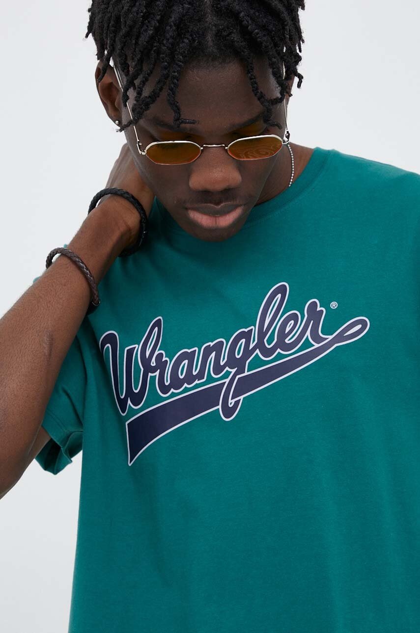 

Памучна тениска Wrangler в зелено с принт, Зелен