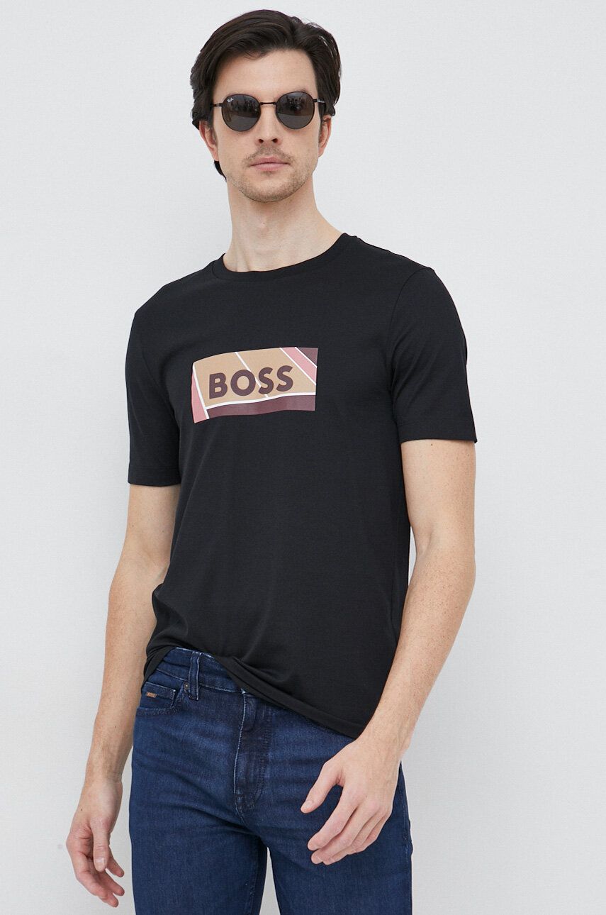 Bavlněné tričko BOSS černá barva, s potiskem - černá -  100 % Bavlna