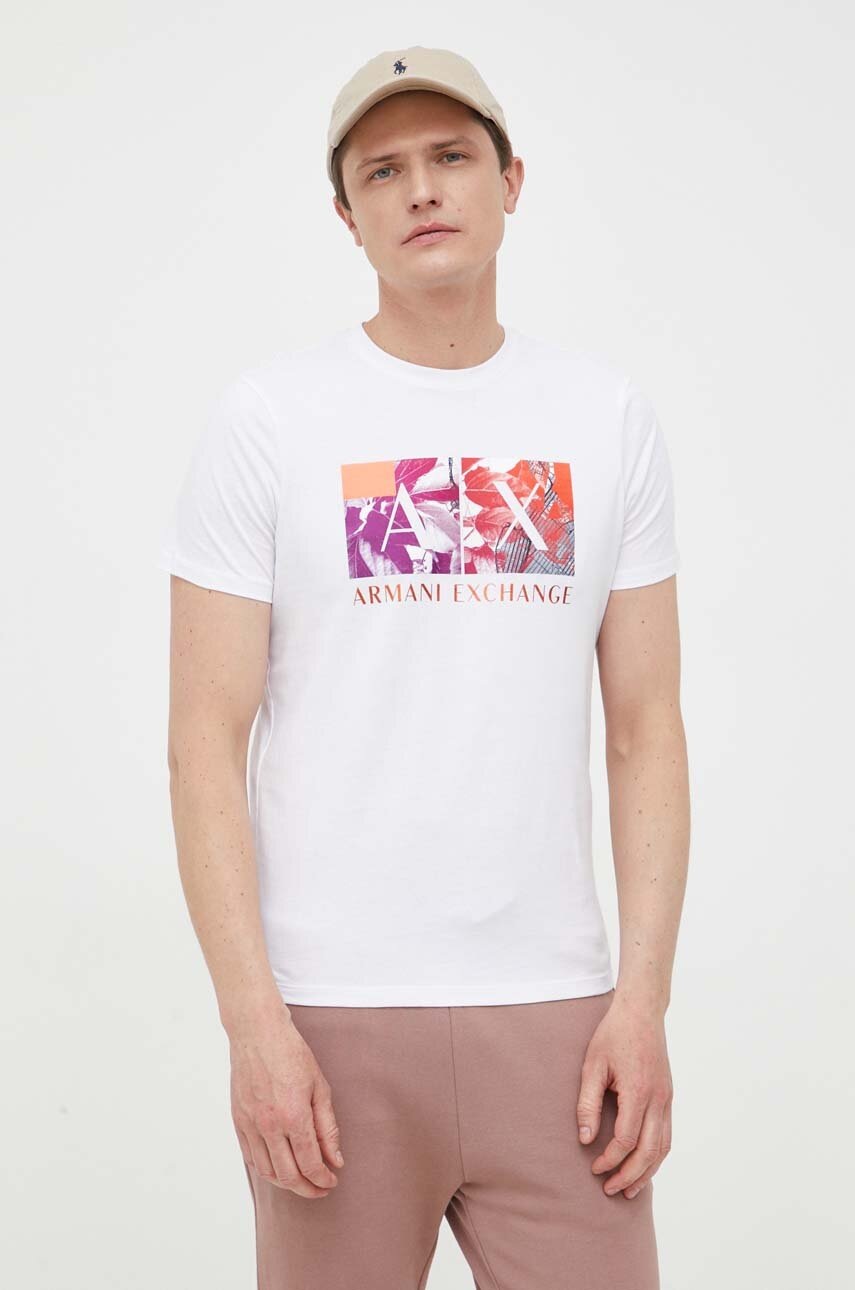 

Памучна тениска Armani Exchange в бяло с принт, Бял