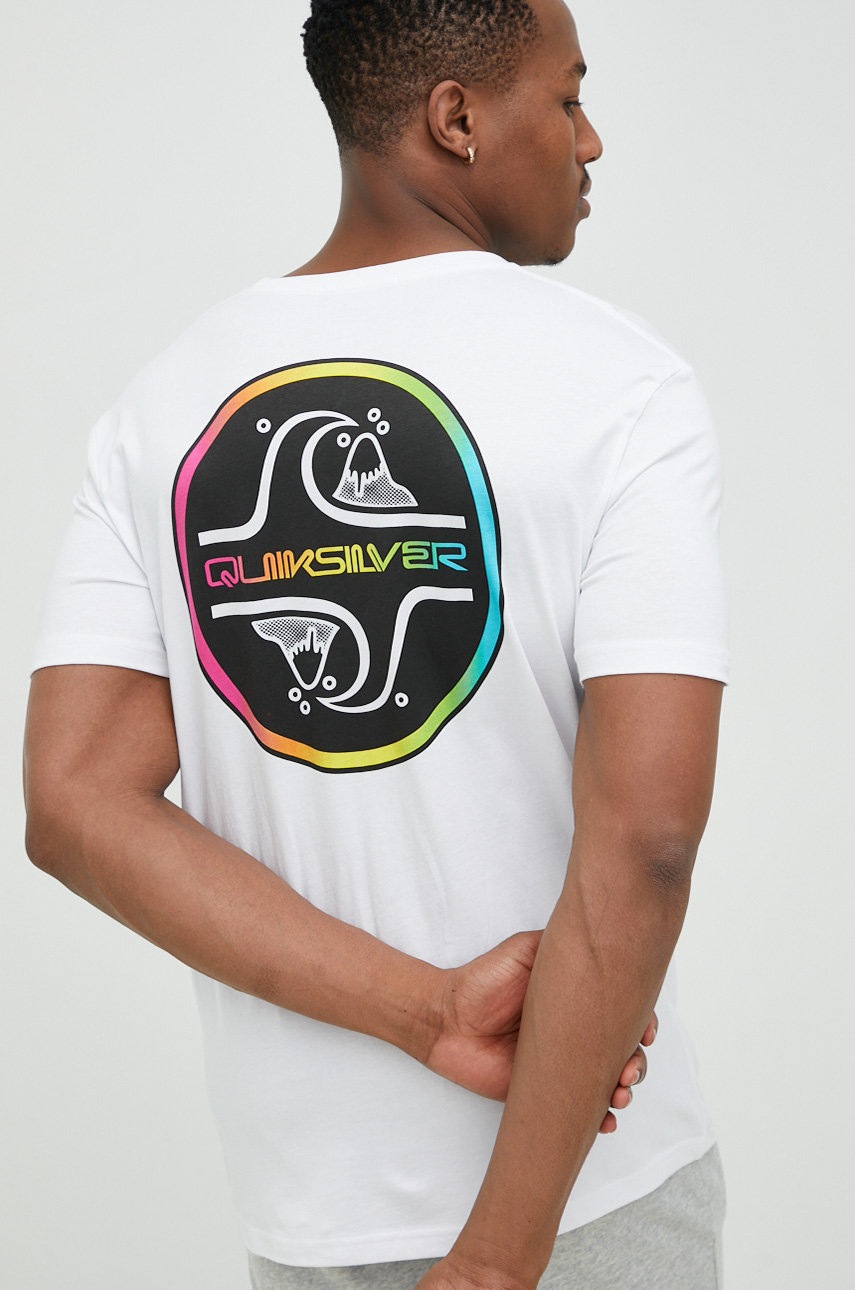 

Памучна тениска Quiksilver в бяло с принт, Бял
