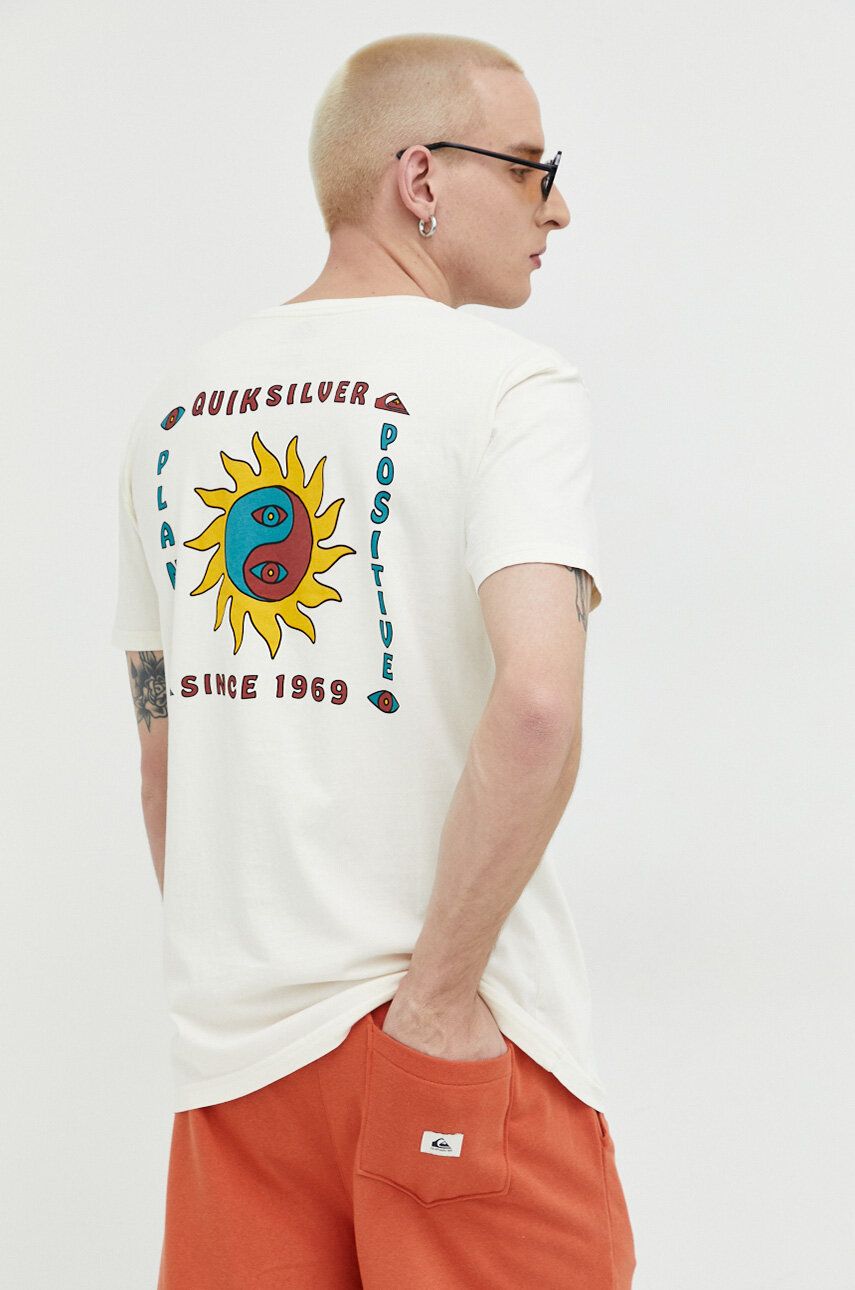 Bavlněné tričko Quiksilver béžová barva, s potiskem - béžová -  100 % Bavlna