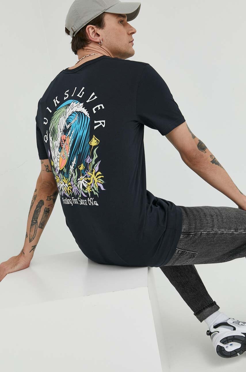 

Памучна тениска Quiksilver в черно с принт, Черен