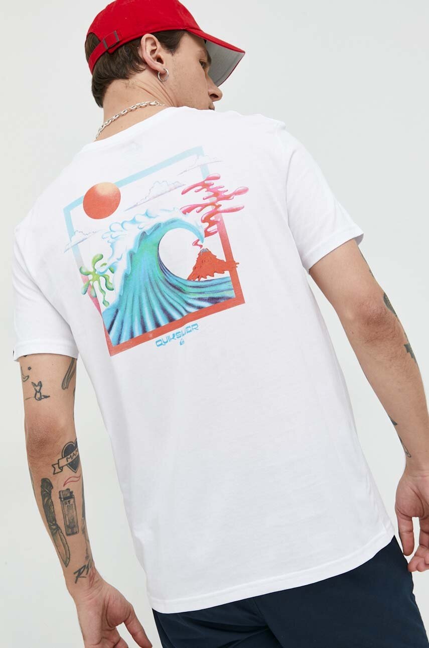

Памучна тениска Quiksilver в бяло с принт, Бял