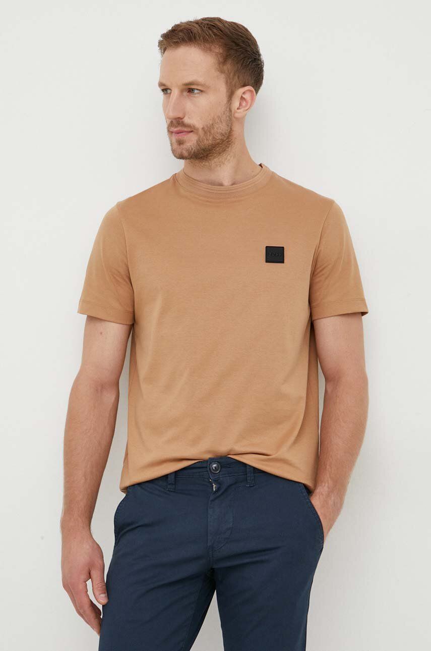 Levně Bavlněné tričko BOSS béžová barva, s aplikací