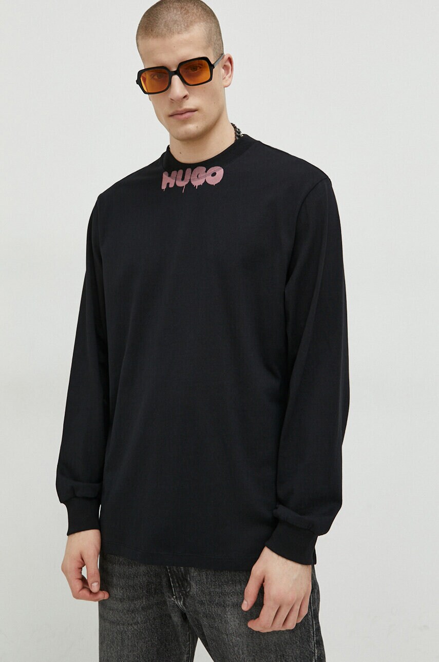 Hugo longsleeve din bumbac culoarea negru, cu imprimeu