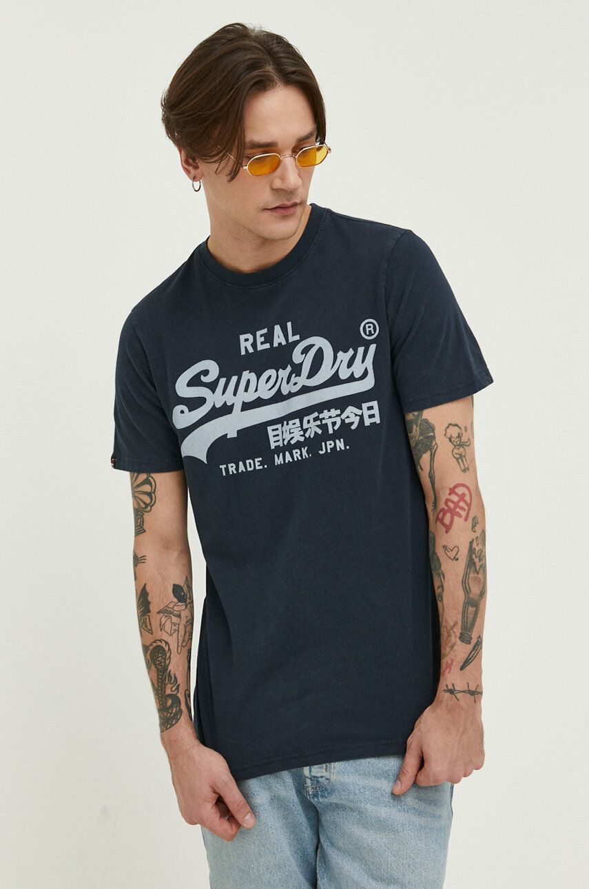 Superdry tricou din bumbac culoarea albastru marin, cu imprimeu