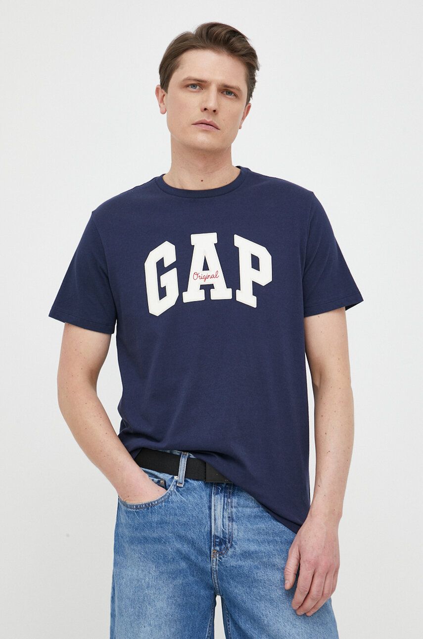 Bavlnené tričko GAP tmavomodrá farba, s potlačou