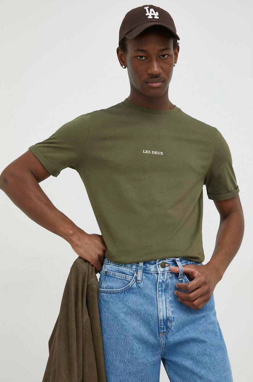 Les Deux tricou din bumbac culoarea verde, neted