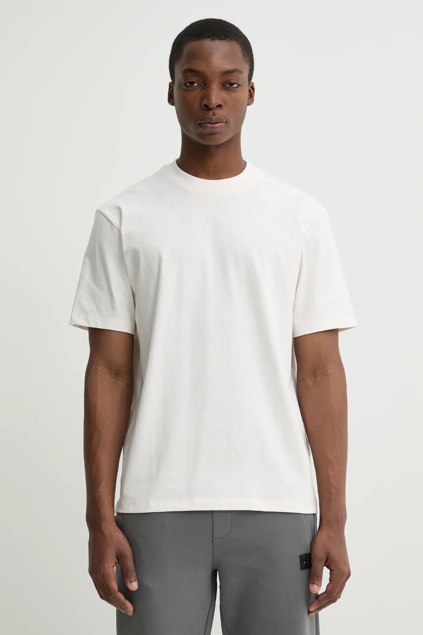 HUGO tricou din bumbac barbati, culoarea bej, neted, 50488330