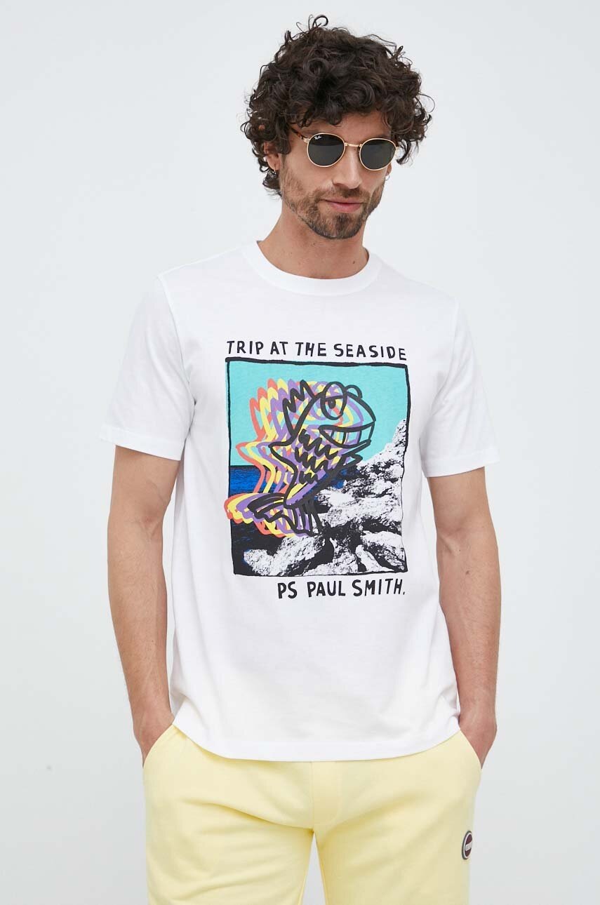 PS Paul Smith tricou din bumbac culoarea alb, cu imprimeu