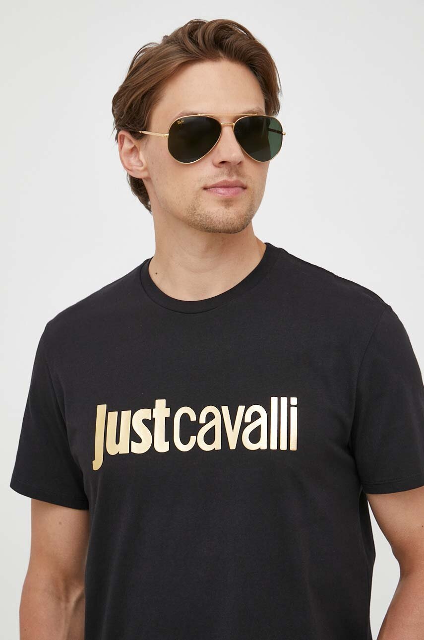 

Памучна тениска Just Cavalli в черно с принт, Черен