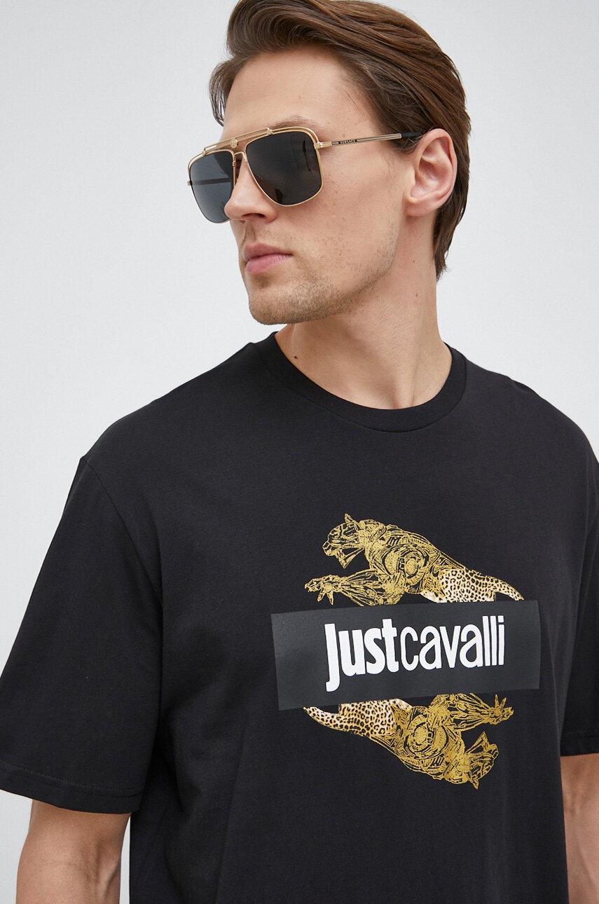 

Памучна тениска Just Cavalli в черно с принт, Черен