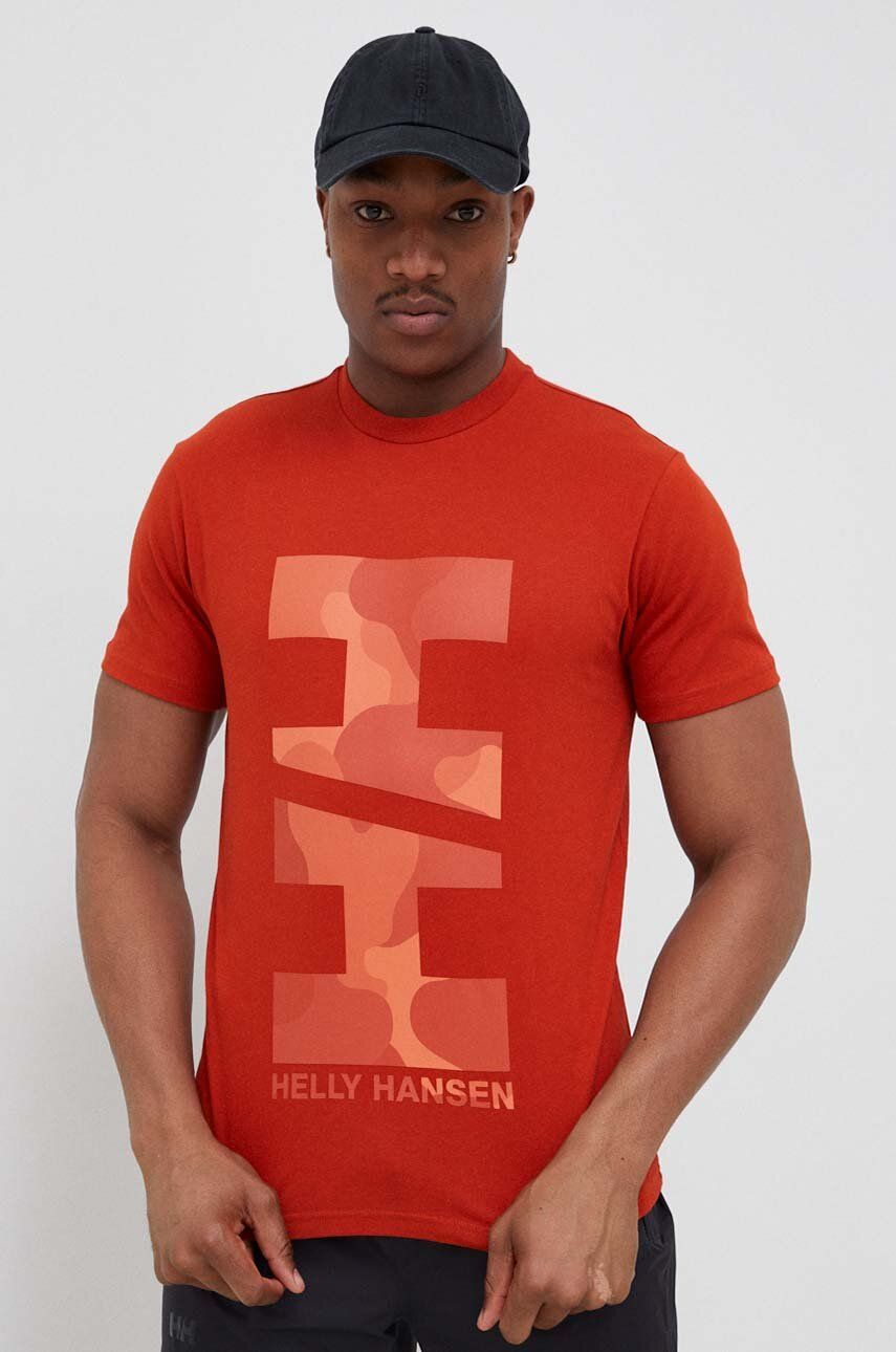 Bavlněné tričko Helly Hansen oranžová barva, s potiskem, 53976-001 - oranžová -  100 % Bavlna