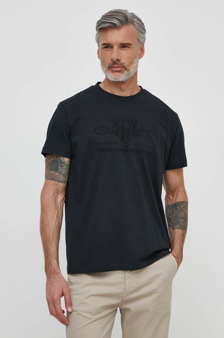 Gant tricou din bumbac barbati, culoarea negru, cu imprimeu