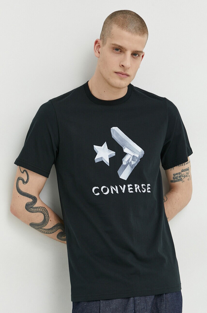 

Памучна тениска Converse в черно с принт, Черен